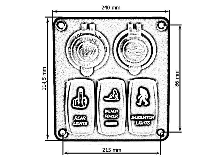 Switch panel 12/24V ON-OFFx3, 1xZ, 2xUSB 3,1A, 2xB 15A IP68