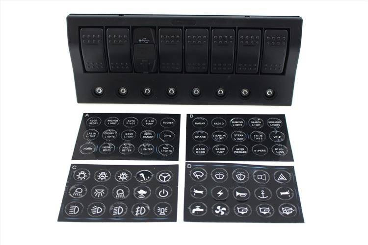 Schalter 12/24V EIN-AUSx5, 1xZ, 2xUSB 3,1A, 1xLED-Voltanzeige, 3xB 15A IP68 Blau