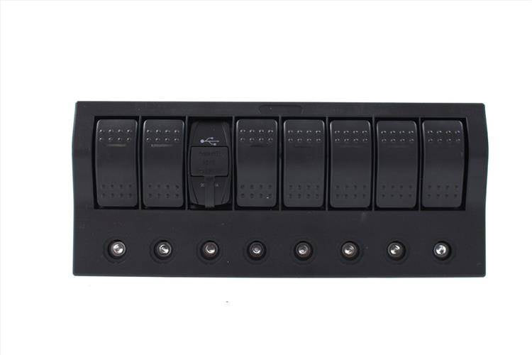 Schalter 12/24V EIN-AUSx5, 1xZ, 2xUSB 3,1A, 1xLED-Voltanzeige, 3xB 15A IP68 Blau