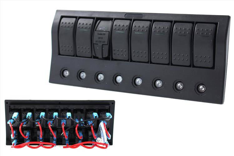Schalter 12/24V EIN-AUSx5, 1xZ, 2xUSB 3,1A, 1xLED-Voltanzeige, 3xB 15A IP68 Blau