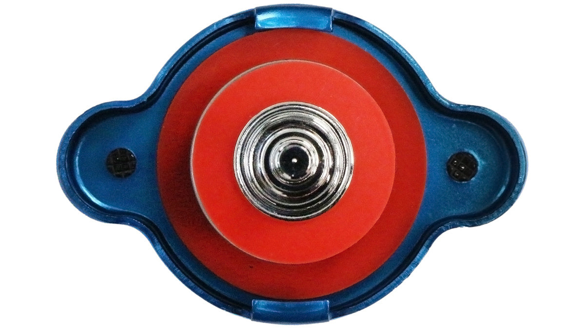 D1Spec Radiator cap with thermometer 15mm 1.3 Bar Blue
