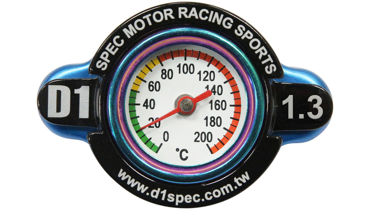 D1Spec Radiator cap with thermometer 28mm 1.3 Bar Blue