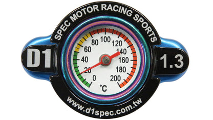 D1Spec Radiator cap with thermometer 28mm 1.3 Bar Blue